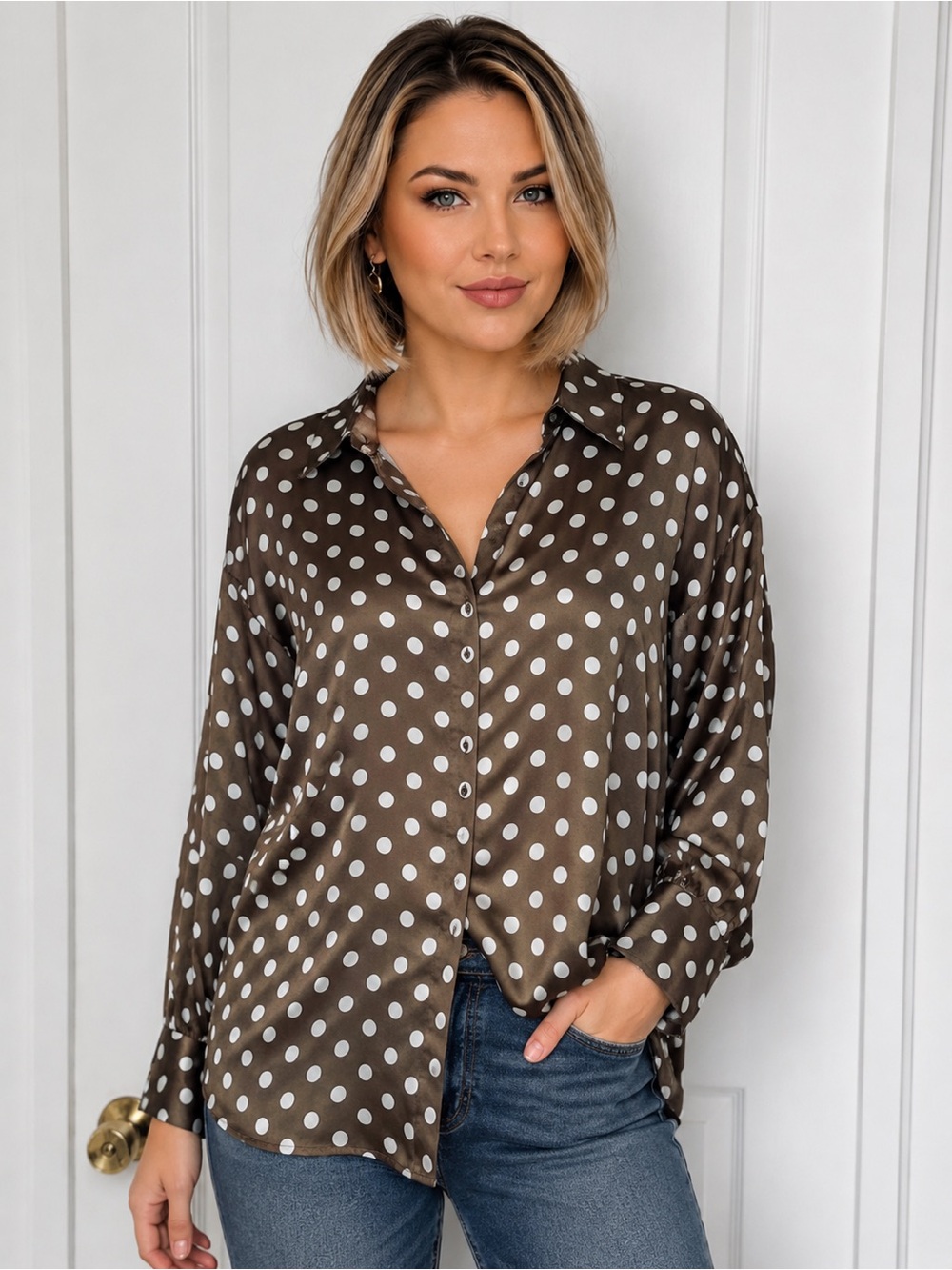 Zara Olive Green Polka Dot Button-Satin Blouse ( Elegant Casual)